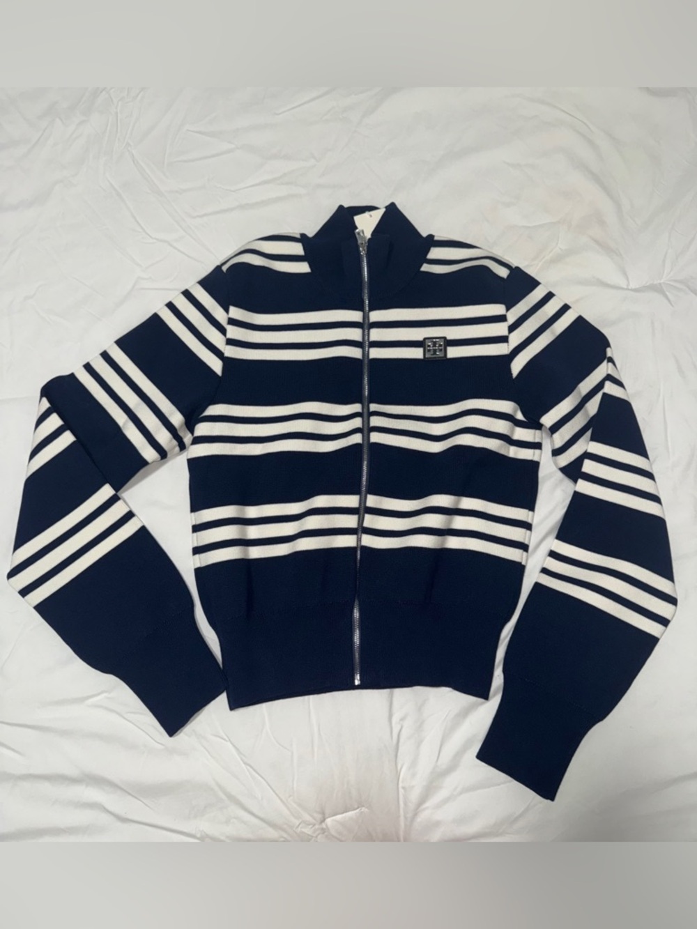Tory Burch Navy and White Striped Zip-Up Sweater